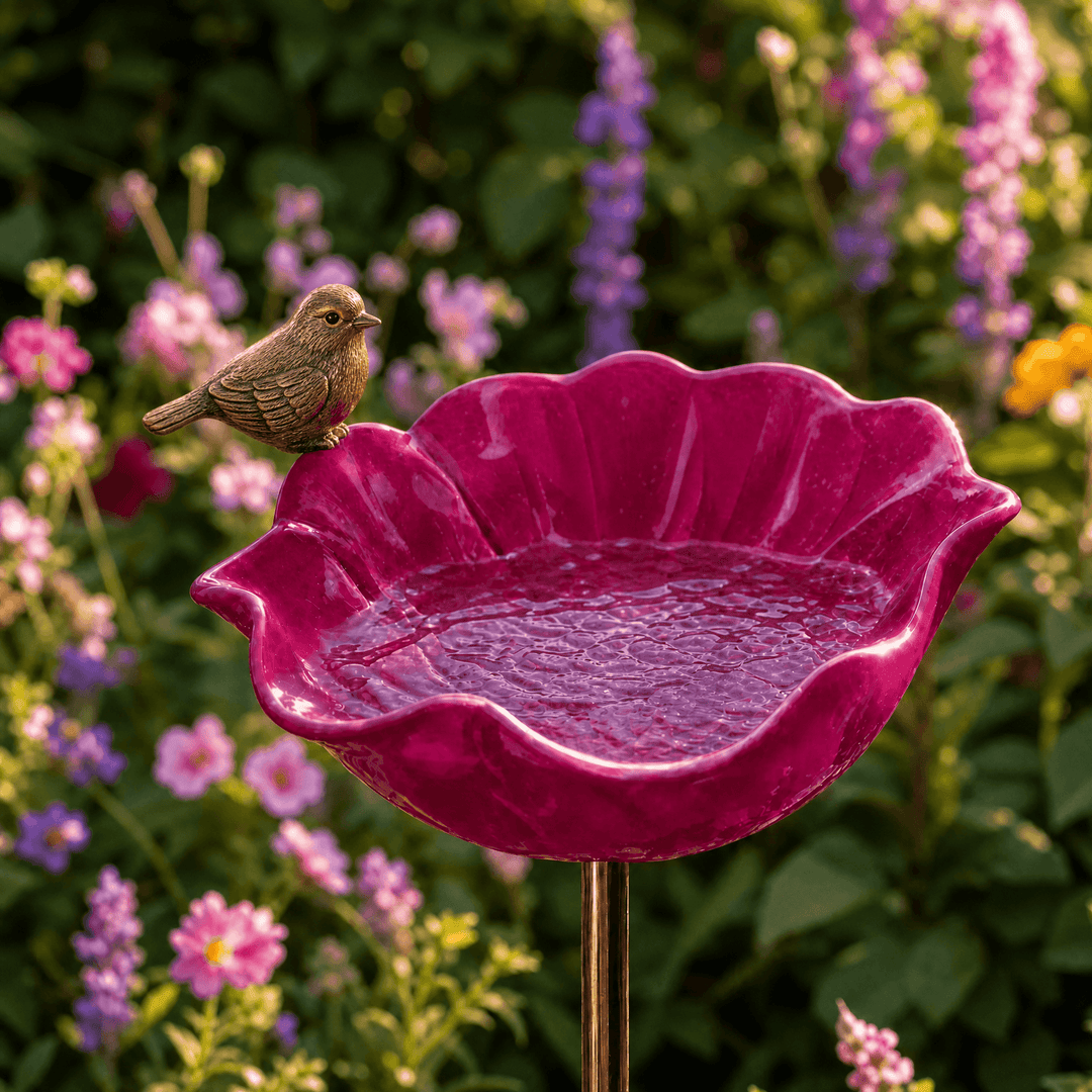 PetalHaven – Hand-Formed Poppy Bird Bath Garden Stake Hot Pink