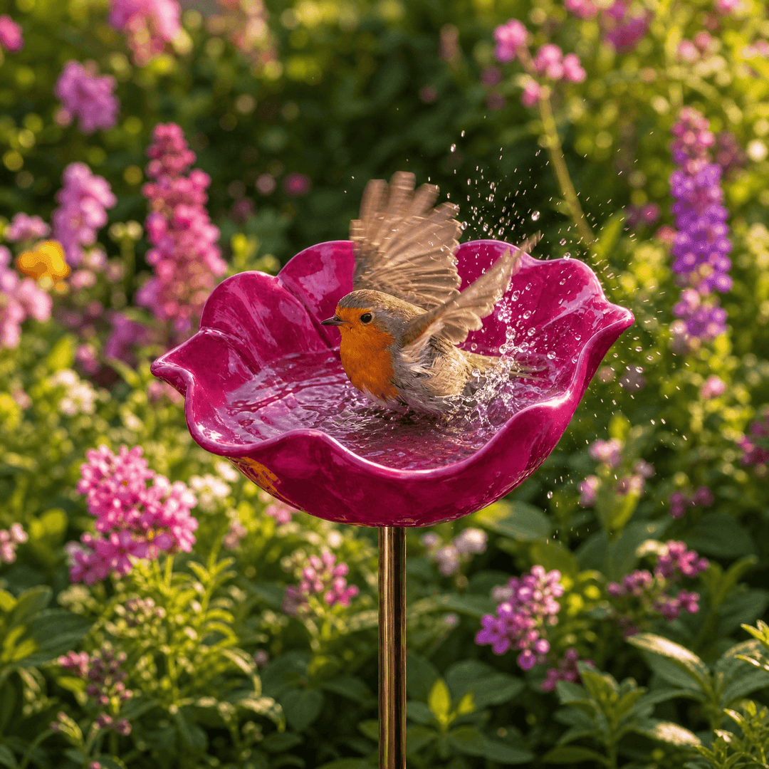 PetalHaven – Hand-Formed Poppy Bird Bath Garden Stake Hot Pink