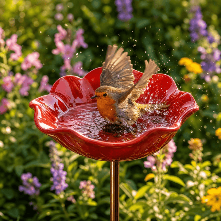 PetalHaven – Hand-Formed Poppy Bird Bath Garden Stake Poppy Red