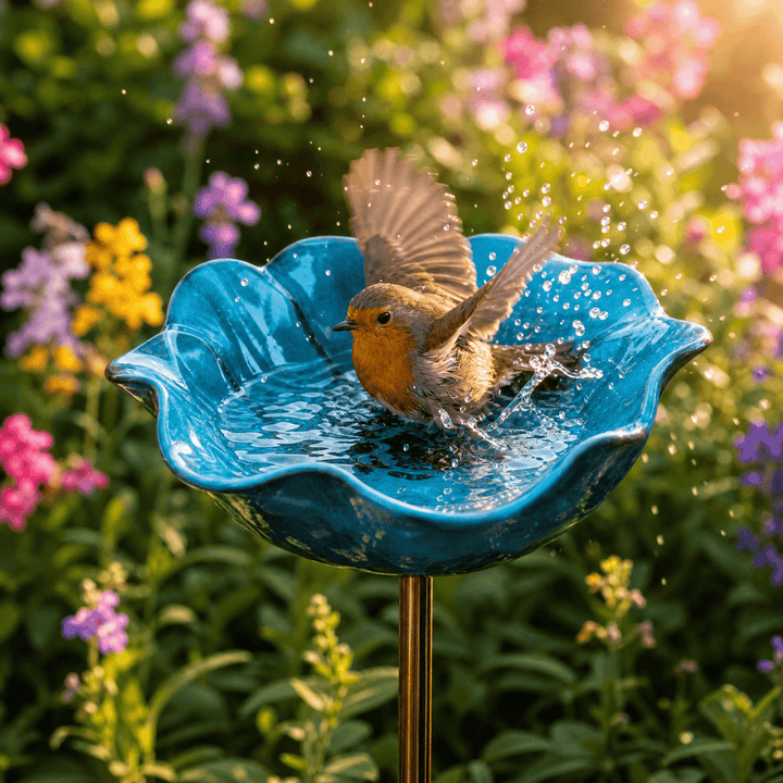 PetalHaven – Hand-Formed Poppy Bird Bath Garden Stake Teal