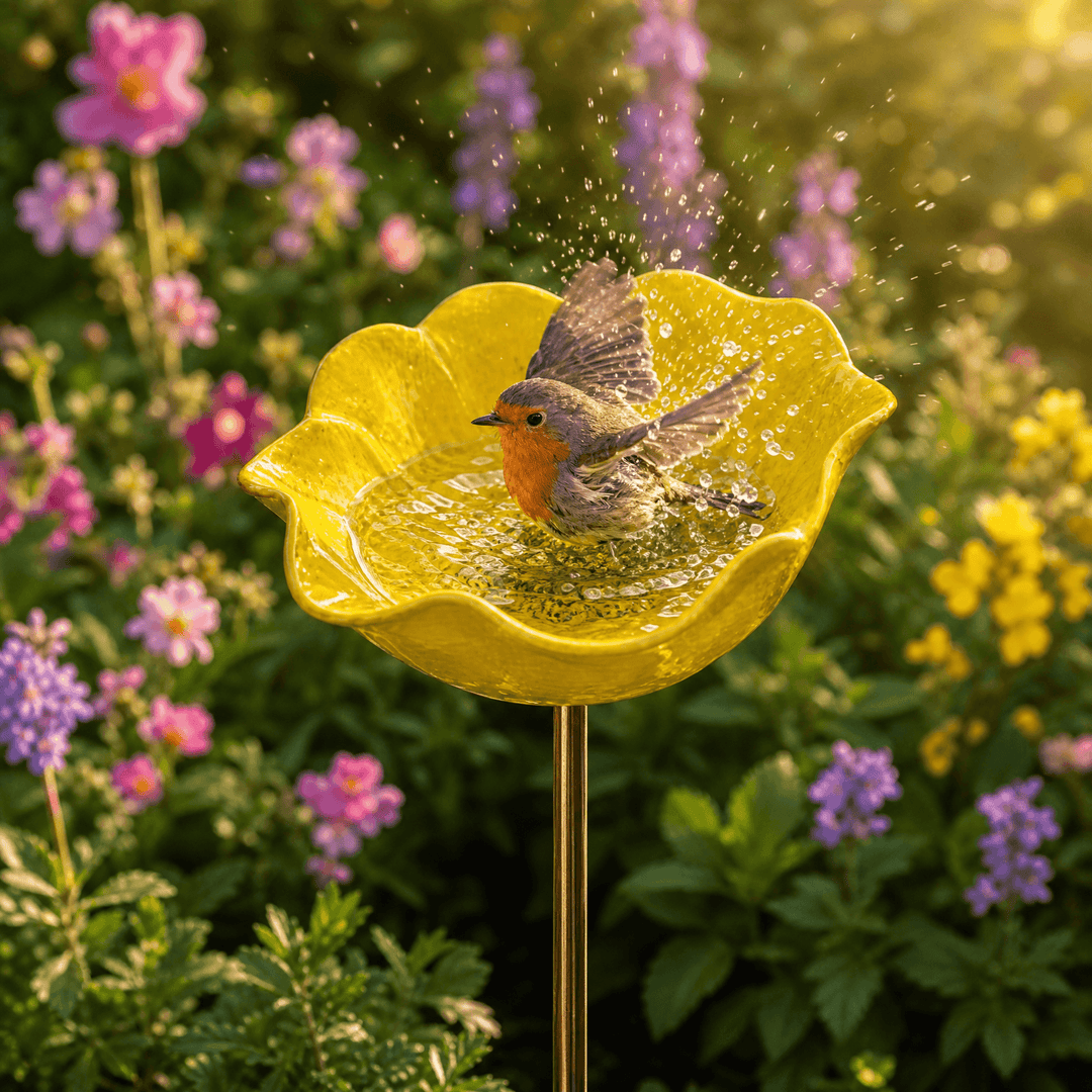 PetalHaven – Hand-Formed Poppy Bird Bath Garden Stake Yellow