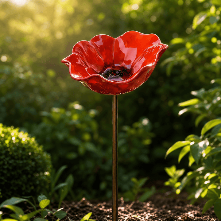 Petalune – Handcrafted Flower Bird Bath Garden Stake Red