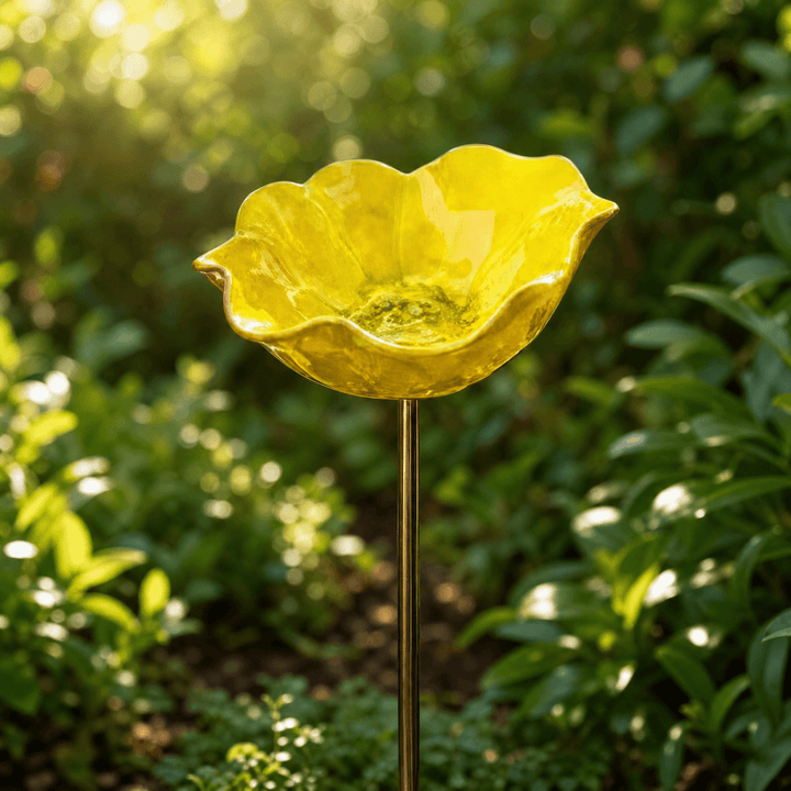Petalune – Handcrafted Flower Bird Bath Garden Stake Yellow