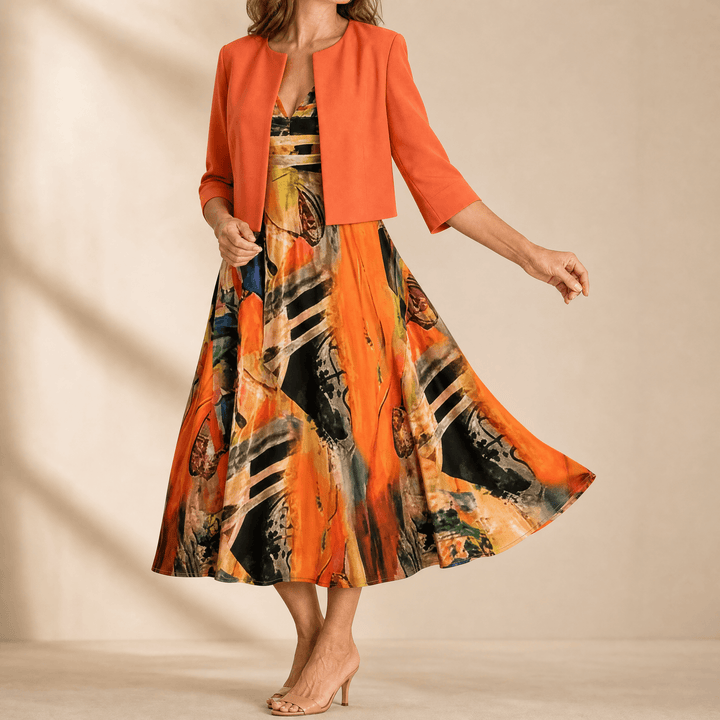 Phaeline – Women's Printed Midi Dress with Attached Cardigan Coral