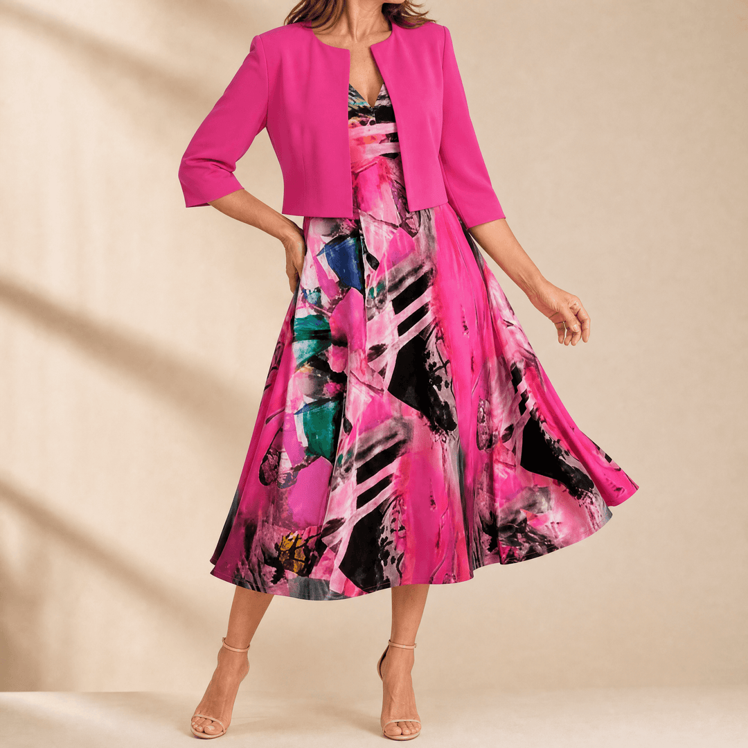 Phaeline – Women's Printed Midi Dress with Attached Cardigan Fuchsia