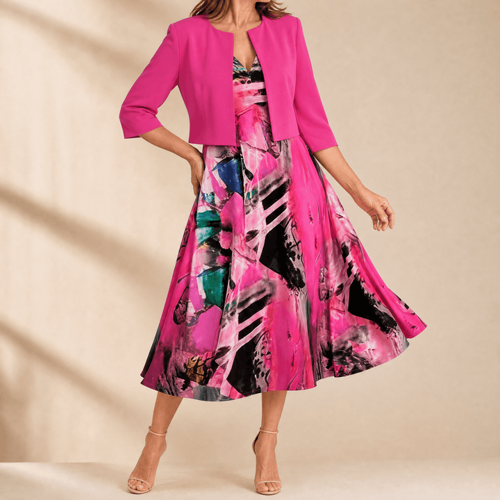 Phaeline – Women's Printed Midi Dress with Attached Cardigan Fuchsia