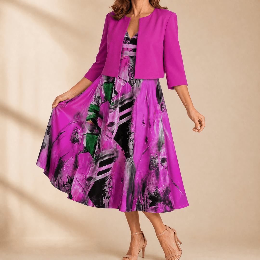 Phaeline – Women's Printed Midi Dress with Attached Cardigan Magenta