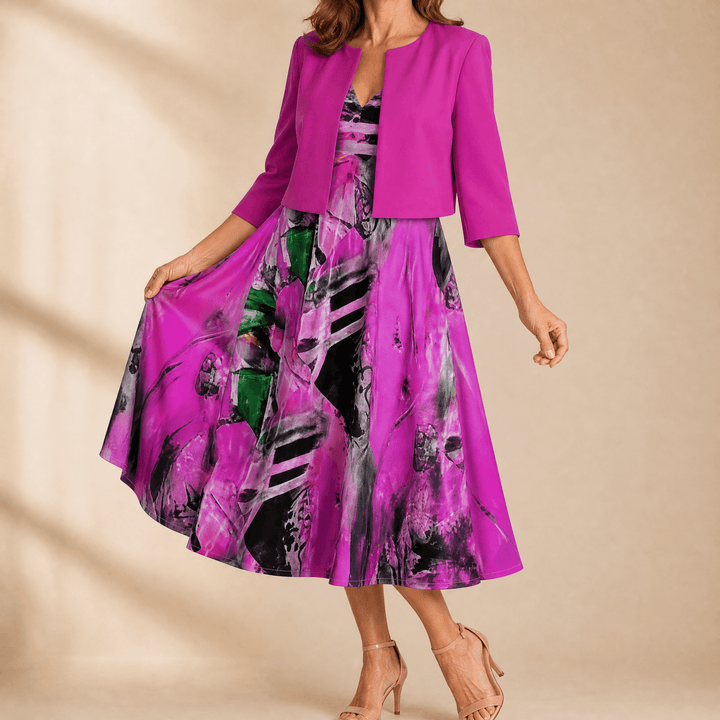 Phaeline – Women's Printed Midi Dress with Attached Cardigan Magenta