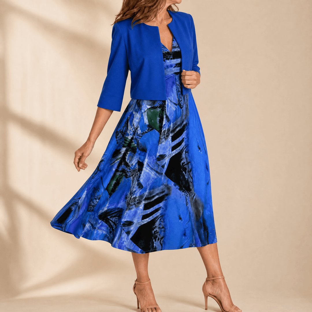 Phaeline – Women's Printed Midi Dress with Attached Cardigan Royal Blue