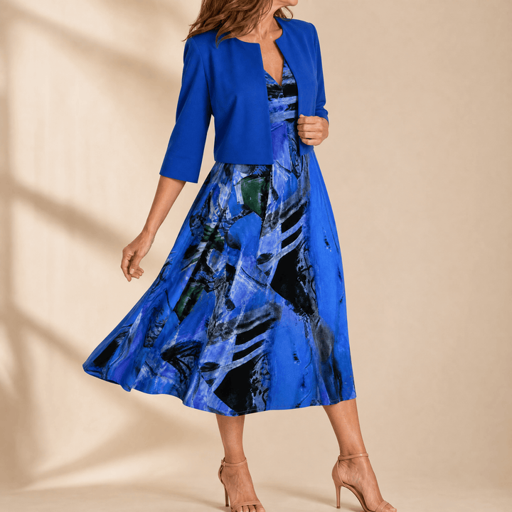 Phaeline – Women's Printed Midi Dress with Attached Cardigan Royal Blue