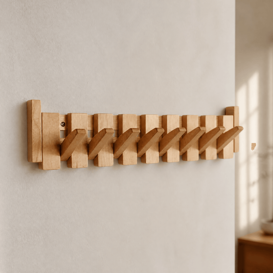 Pianello – Contoured Wood Wall Hanger with Fold-Down Hooks Beech / 8 Hooks