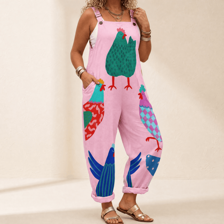 QueenBee – Women's Artisan Print Plus-Size Overall Pink Chicken