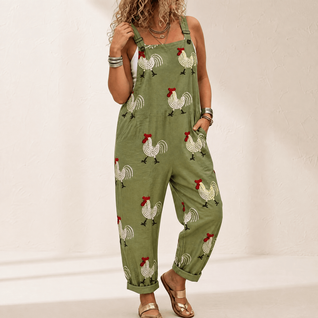 QueenBee – Women's Artisan Print Plus-Size Overall Sage Rooster
