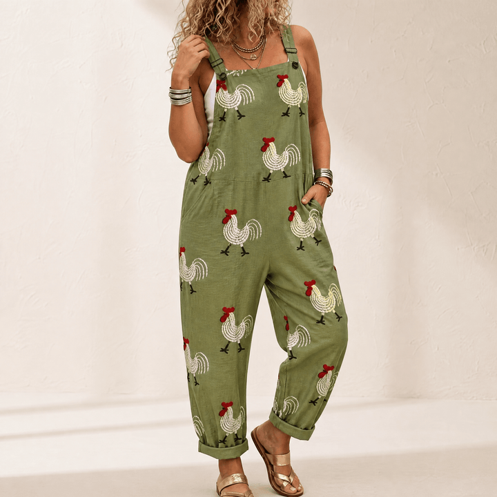 QueenBee – Women's Artisan Print Plus-Size Overall Sage Rooster