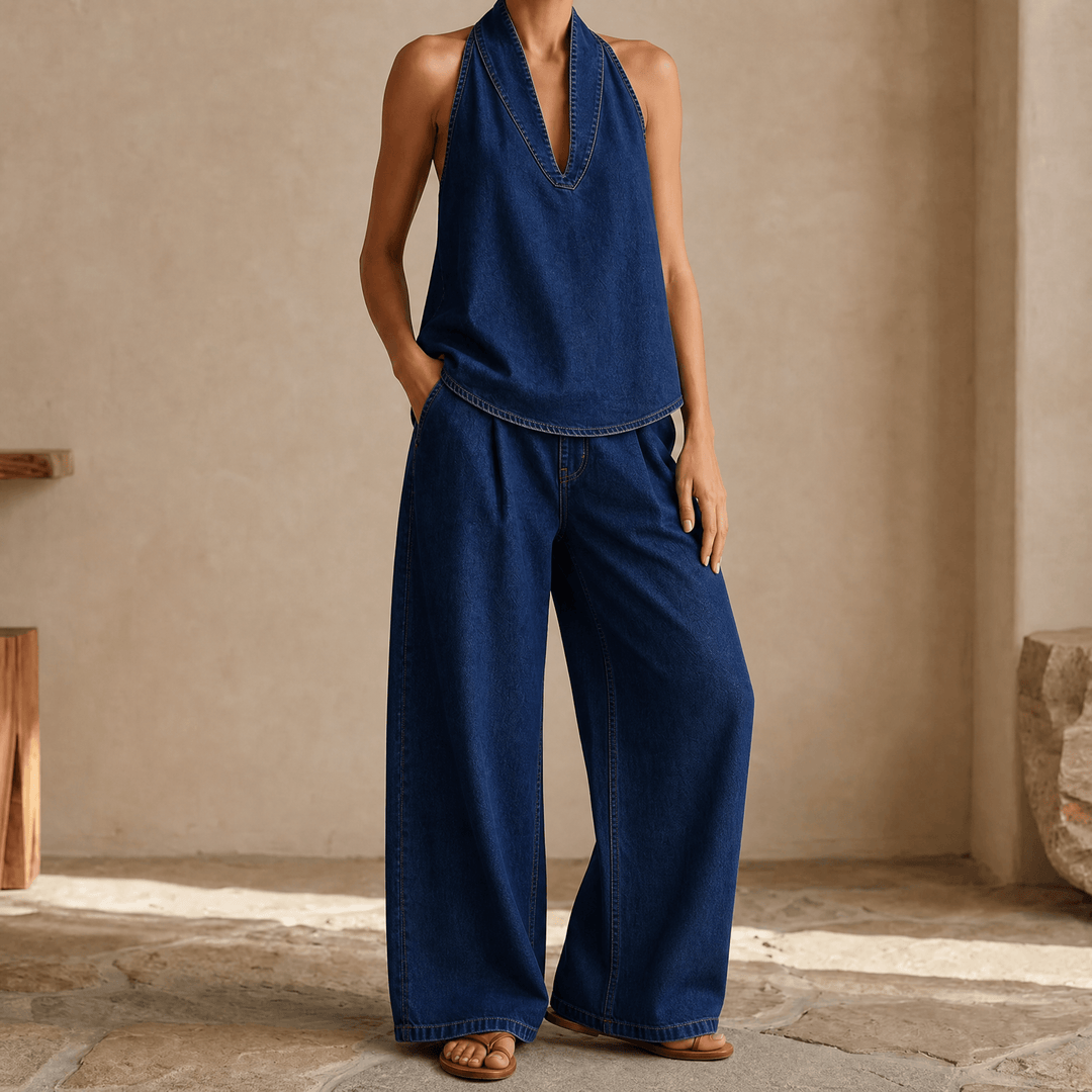Rivella – Washed Denim Two Piece Summer Set Dark Blue / S