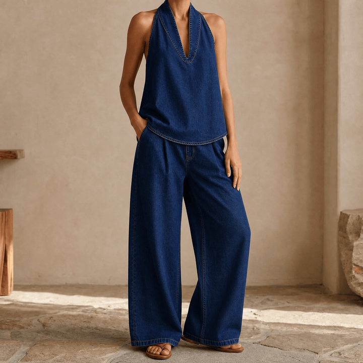 Rivella – Washed Denim Two Piece Summer Set Dark Blue / S