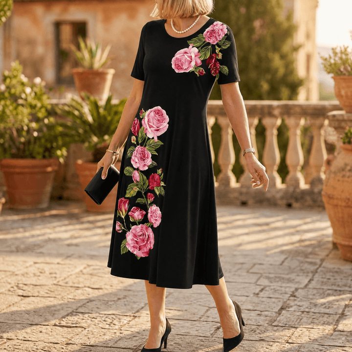 Rosalia – Women's rose print A-line midi dress Black