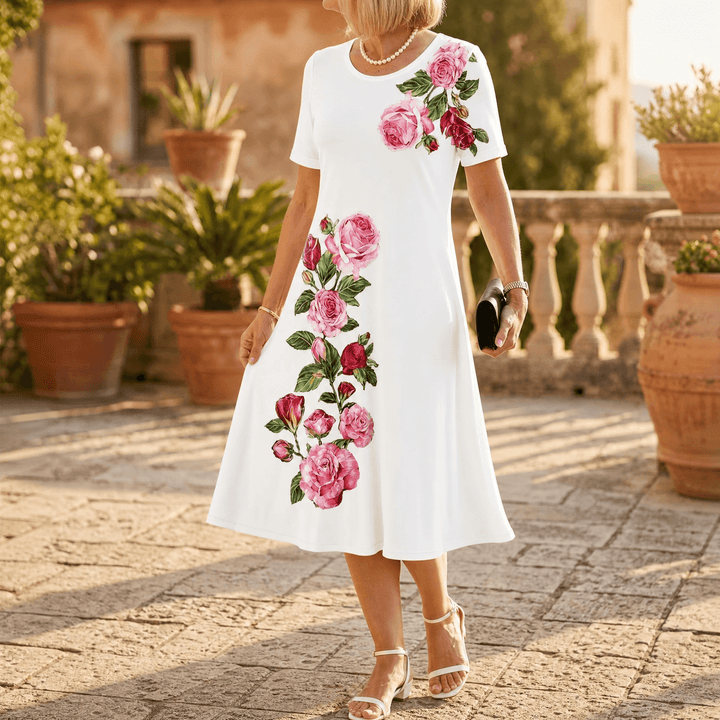 Rosalia – Women's rose print A-line midi dress White