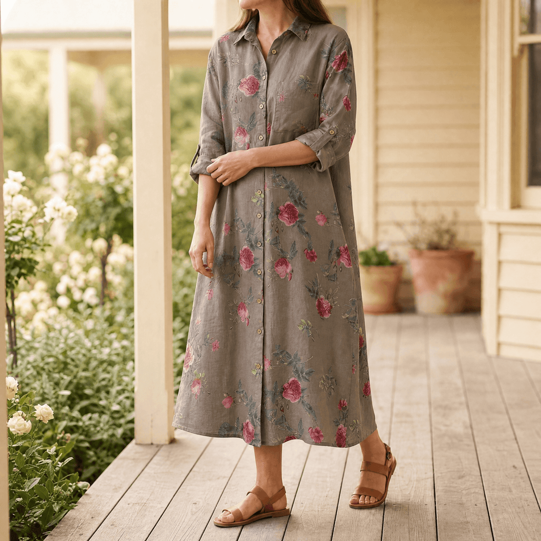Rosalie – Floral Shirt Dress Khaki