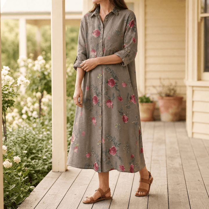 Rosalie – Floral Shirt Dress Khaki