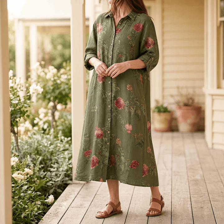 Rosalie – Floral Shirt Dress Olive