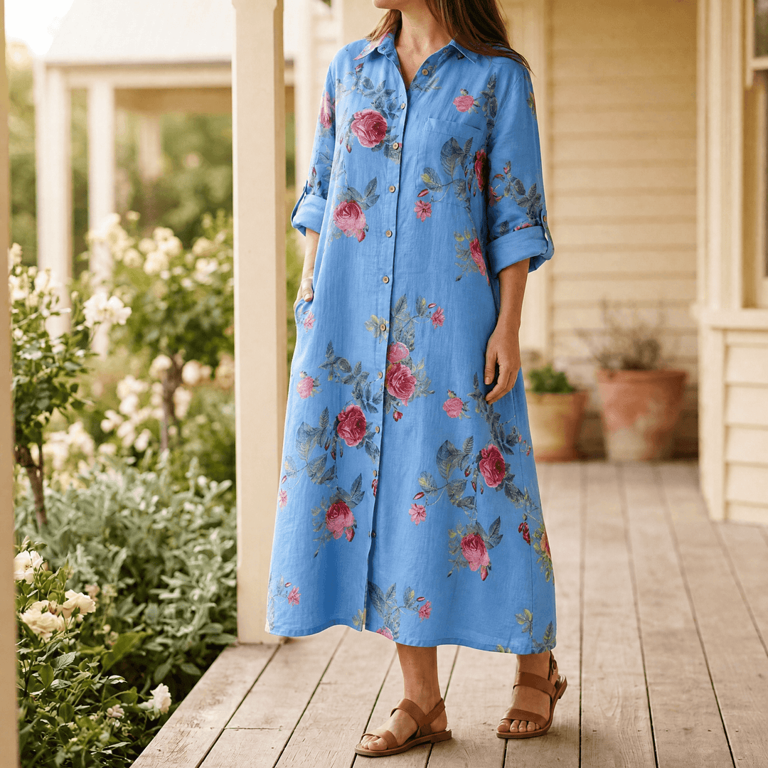 Rosalie – Floral Shirt Dress Sky Blue