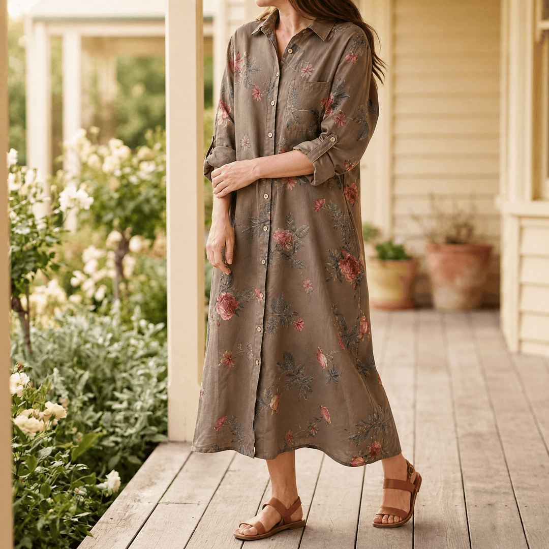 Rosalie – Floral Shirt Dress Taupe