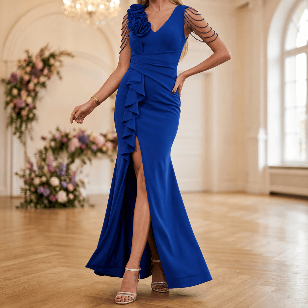 Roselani – Women's Rosette Shoulder Mermaid Evening Gown Navy