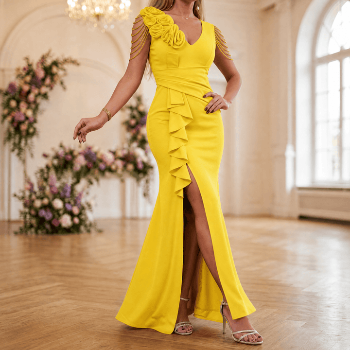 Roselani – Women's Rosette Shoulder Mermaid Evening Gown Yellow