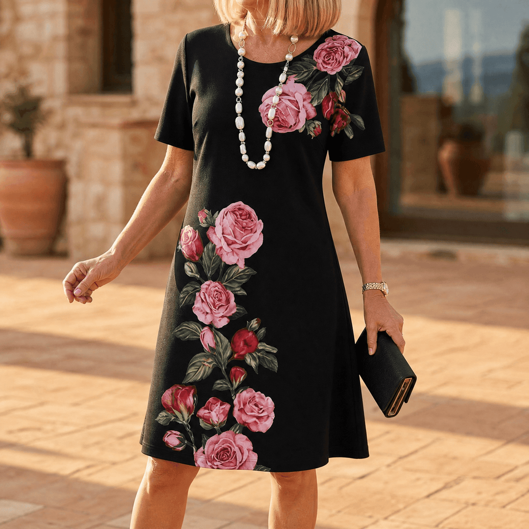 Rosella – Women's Rose Print A-Line Midi Dress Black / S