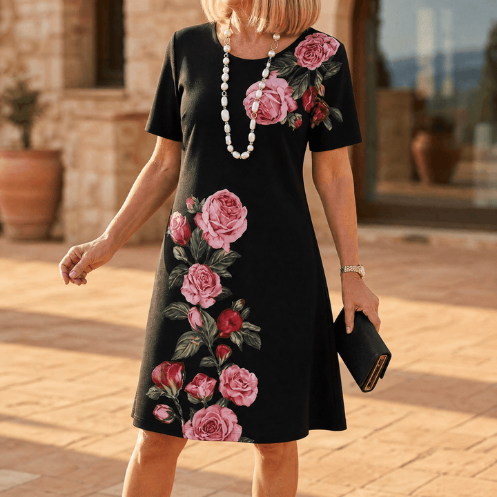 Rosella – Women's Rose Print A-Line Midi Dress Black / S