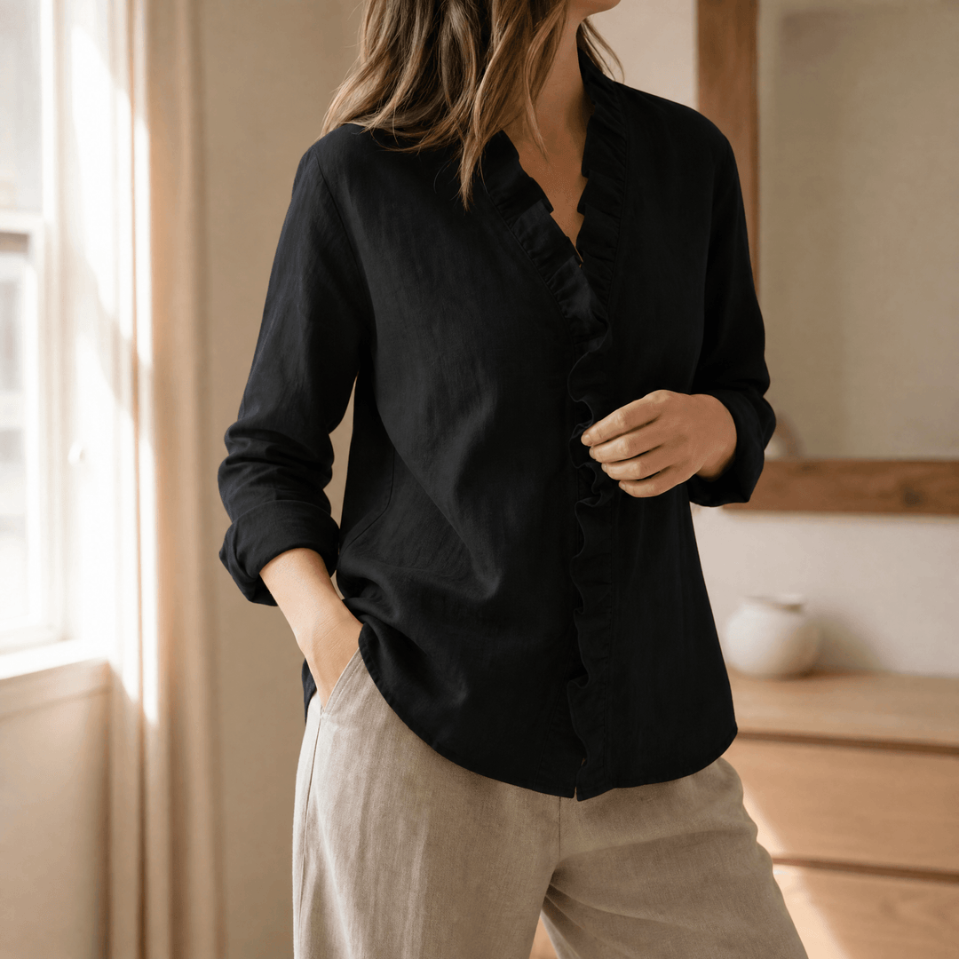 Roselle - Soft Ruffle V-Neck Long Sleeve Blouse Black / S