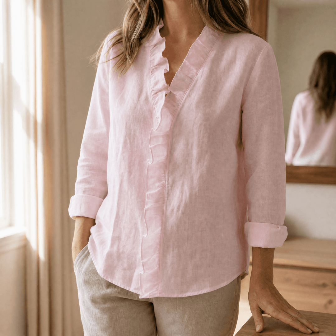 Roselle - Soft Ruffle V-Neck Long Sleeve Blouse Pink / S