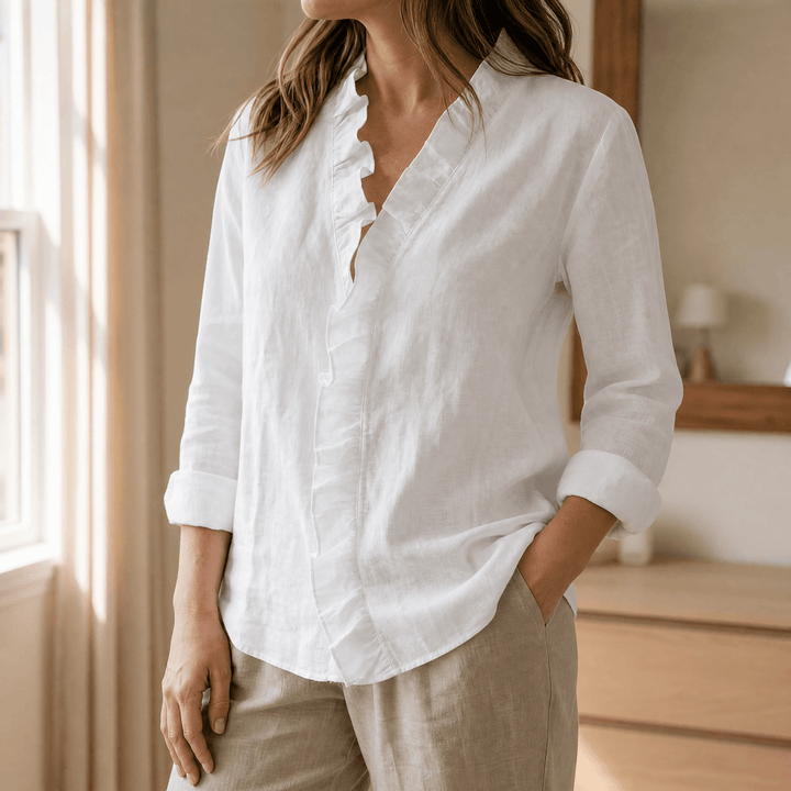 Roselle - Soft Ruffle V-Neck Long Sleeve Blouse White / S