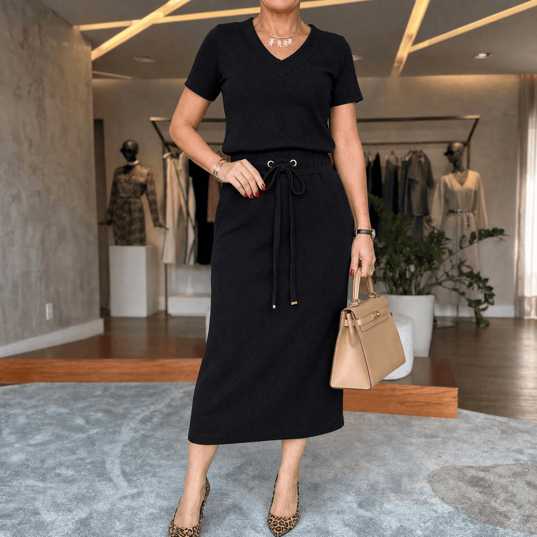 Saviya – Women's Ribbed V-Neck Top and Midi Skirt Set Black / S