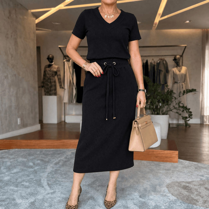 Saviya – Women's Ribbed V-Neck Top and Midi Skirt Set Black / S