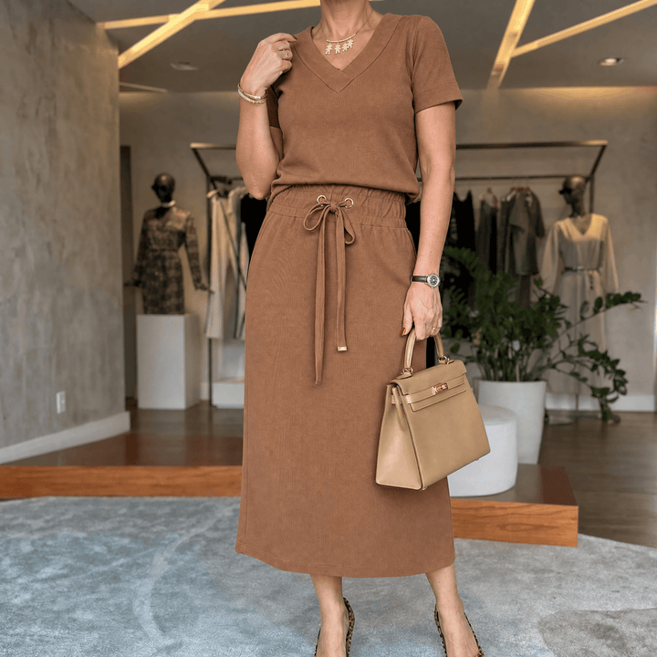 Saviya – Women's Ribbed V-Neck Top and Midi Skirt Set Brown / S