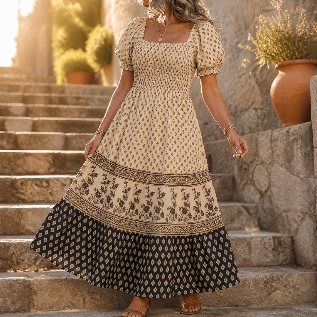 Selaris – Women's Smocked Puff Sleeve Maxi Dress Beige