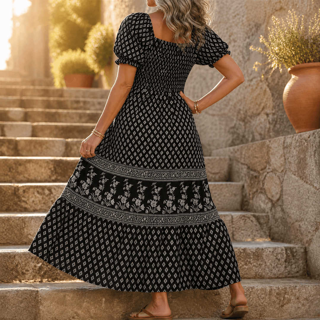 Selaris – Women's Smocked Puff Sleeve Maxi Dress Black