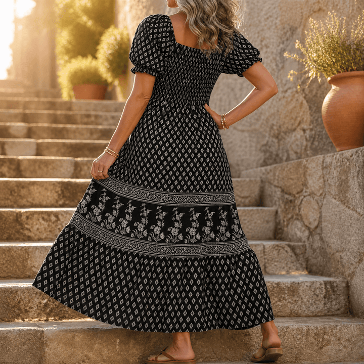 Selaris – Women's Smocked Puff Sleeve Maxi Dress Black