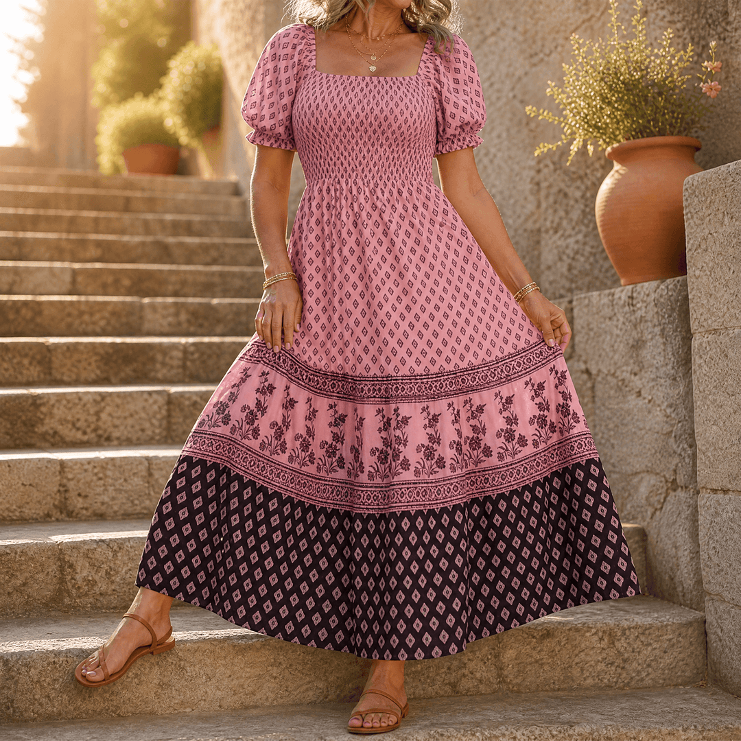 Selaris – Women's Smocked Puff Sleeve Maxi Dress Dusty Pink