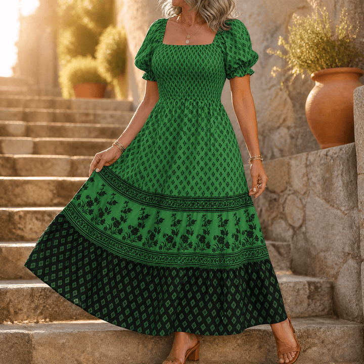 Selaris – Women's Smocked Puff Sleeve Maxi Dress Emerald Green