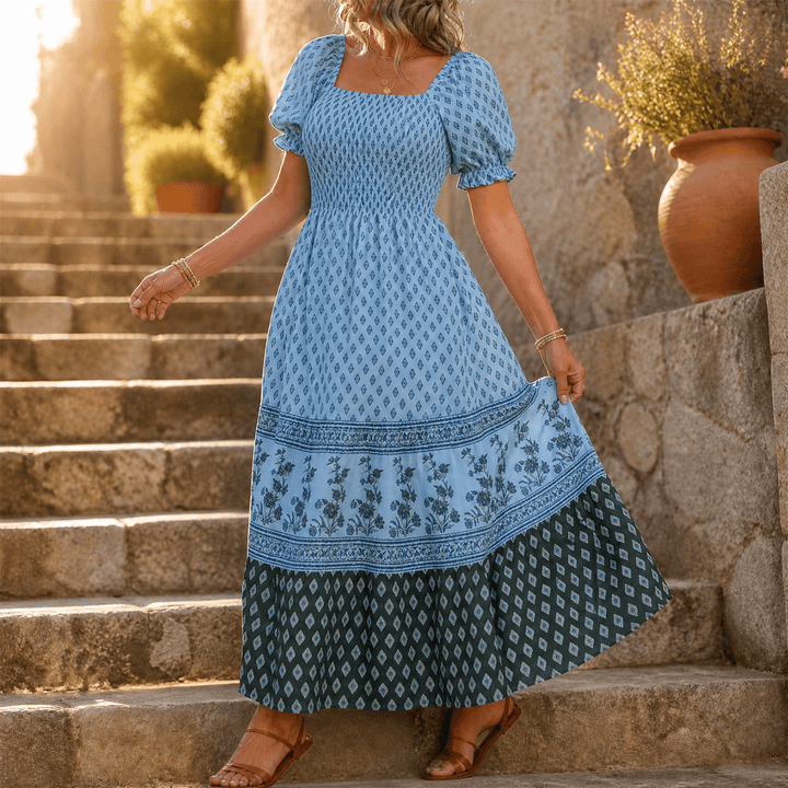 Selaris – Women's Smocked Puff Sleeve Maxi Dress Sky Blue