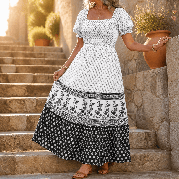 Selaris – Women's Smocked Puff Sleeve Maxi Dress White