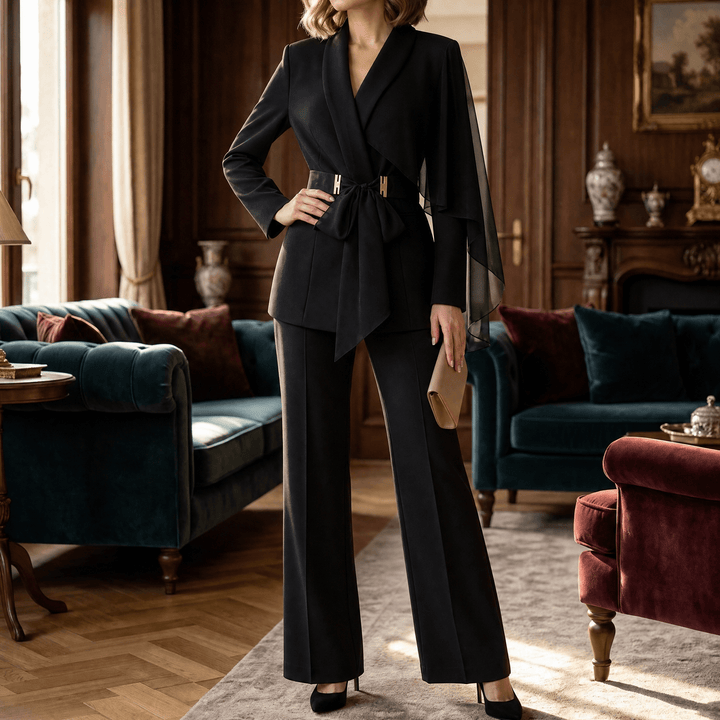 Selvana – Leopard accent blazer and pants set Black / S