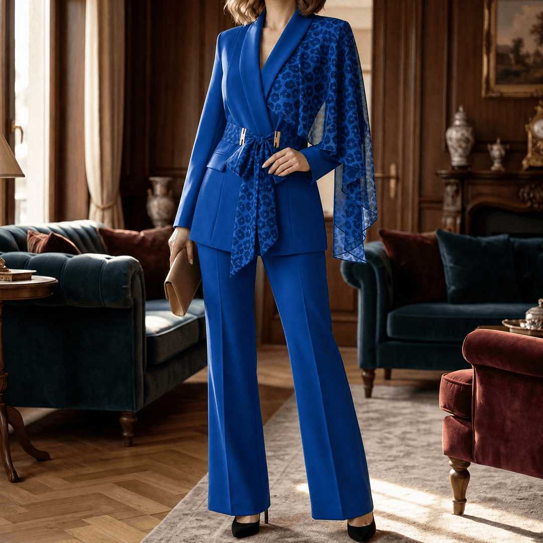 Selvana – Leopard accent blazer and pants set Blue / S