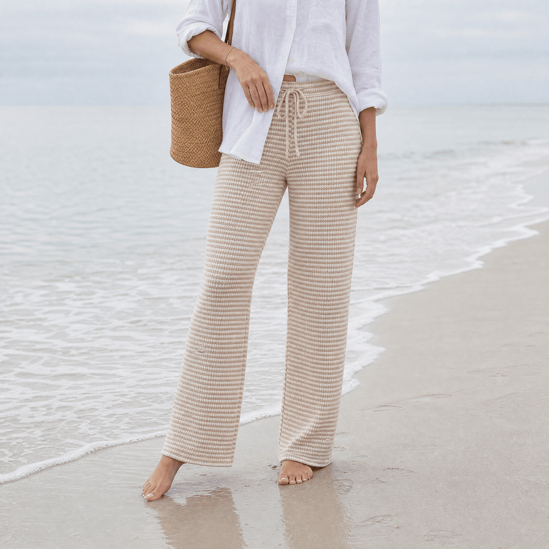 Seralune – Textured Knit Wide-Leg Trousers Apricot