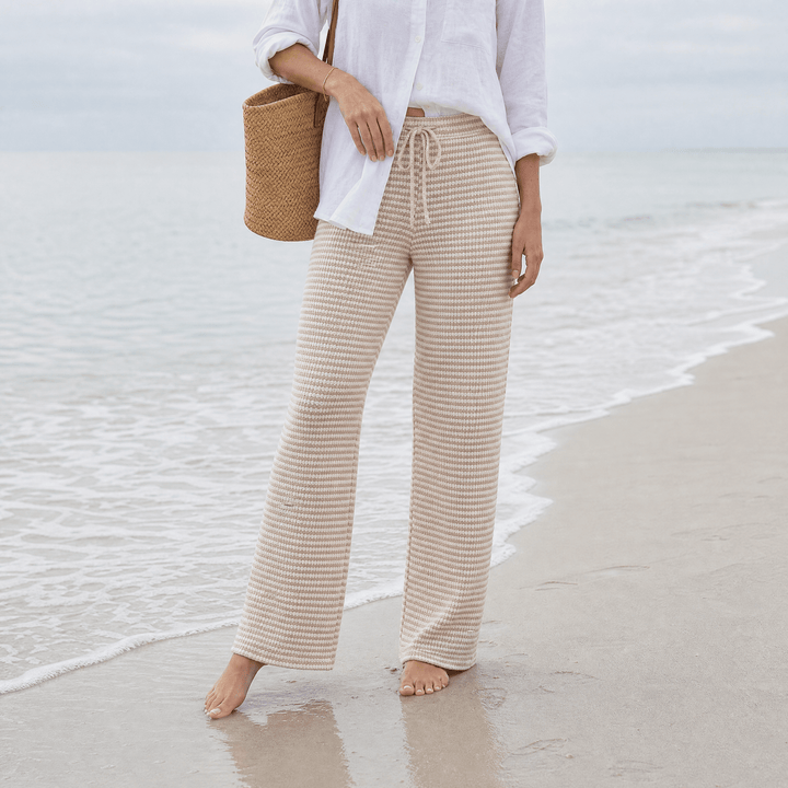 Seralune – Textured Knit Wide-Leg Trousers Apricot