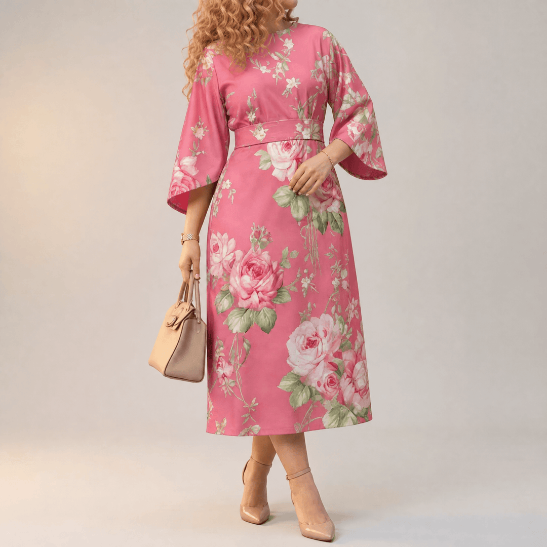 Serenza – Women's Vintage Tapestry Plus-Size Midi Dress Coral Rose