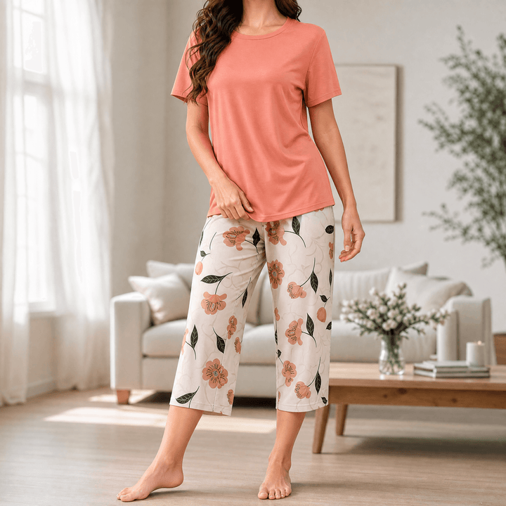 Sereya – Women's Breezy Floral Capri Pajama Set Coral Orange / S